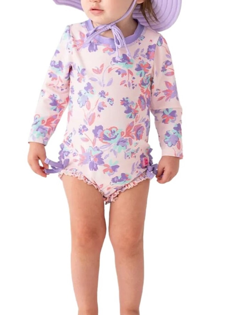 Ruffle Butts Lilac and Pastel Floral Long-Sleeve Kids Swim Rashguard 2T